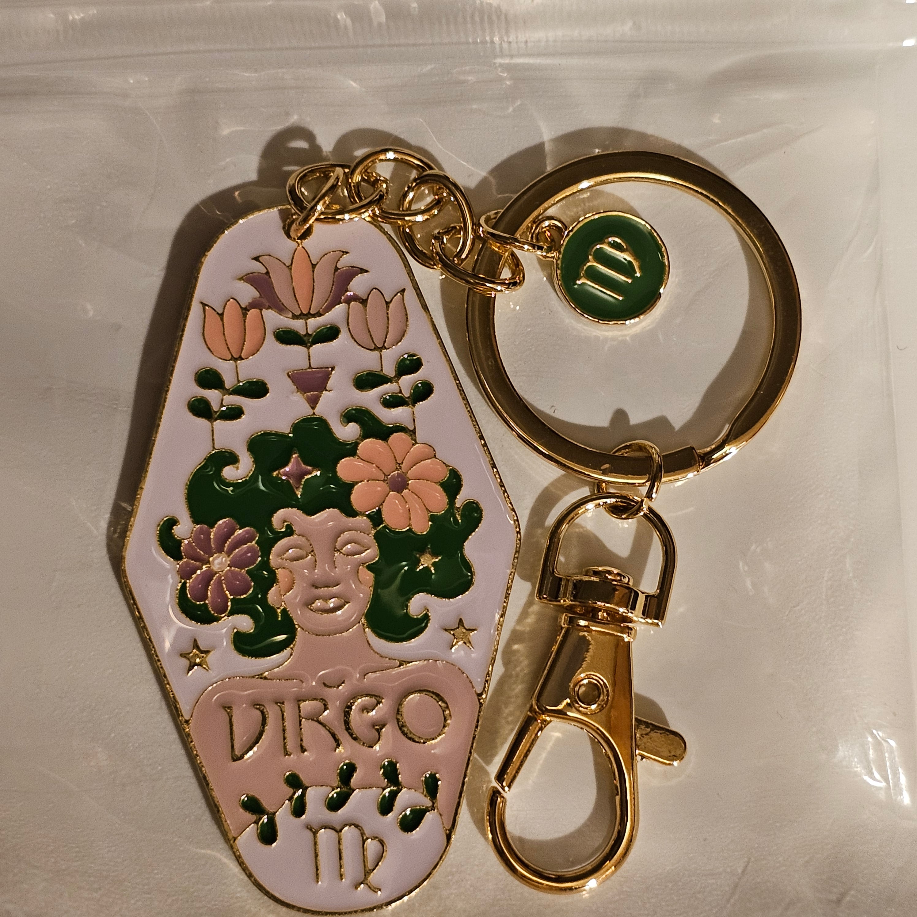 Zodiac Enamel Keychain Astrology Keychain with Gold Hardware, Horoscope Sign Gift, Coffin Style Charm