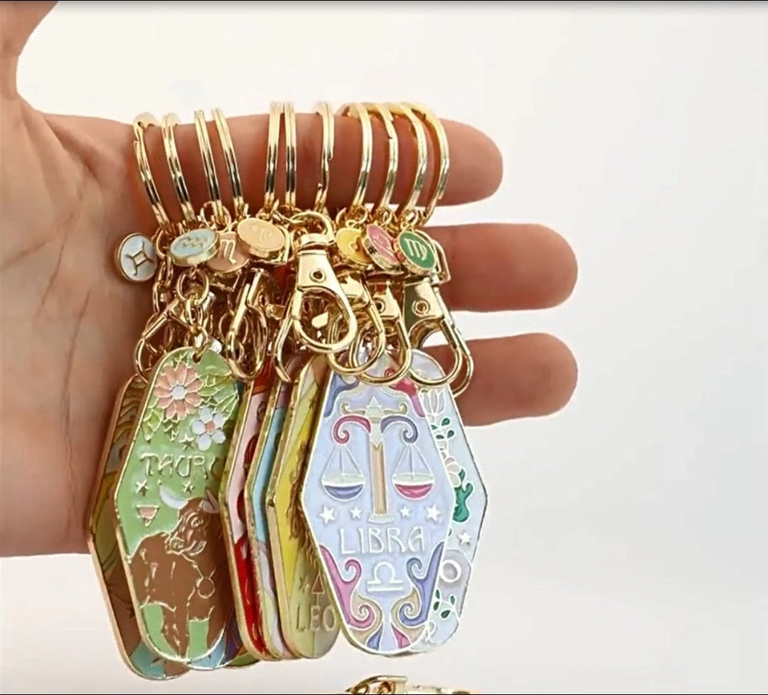 Zodiac Enamel Keychain Astrology Keychain with Gold Hardware, Horoscope Sign Gift, Coffin Style Charm